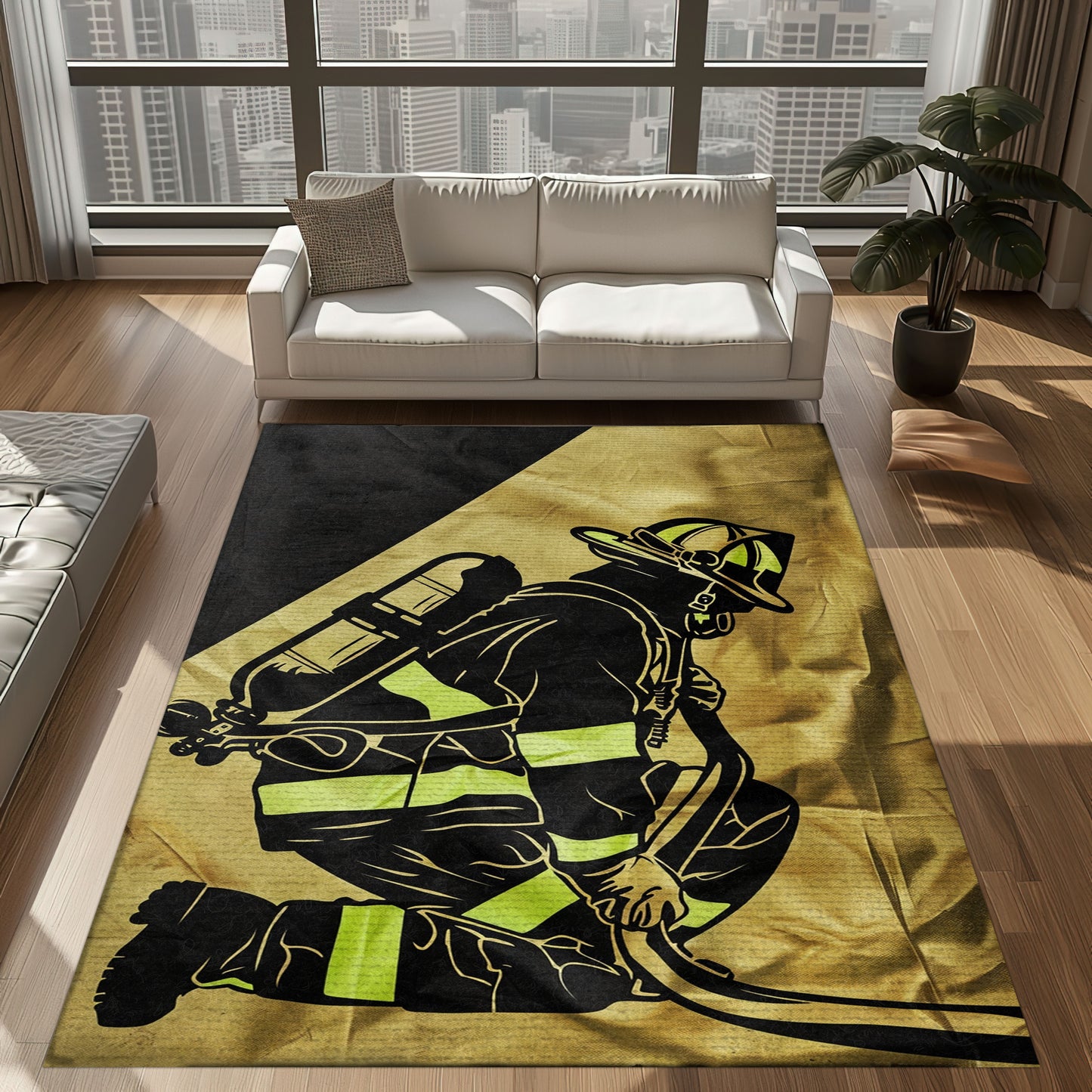 Personalized Courageous Comfort: Firefighter Area Rug with American Flag Motif, Firefighter Rugs for Living Room Bedroom, Firefighter Rectangular Rugs Full Size FR180