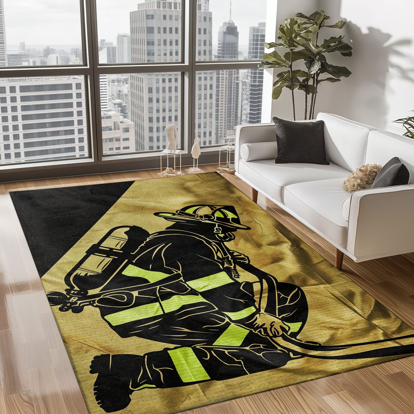 Personalized Courageous Comfort: Firefighter Area Rug with American Flag Motif, Firefighter Rugs for Living Room Bedroom, Firefighter Rectangular Rugs Full Size FR180