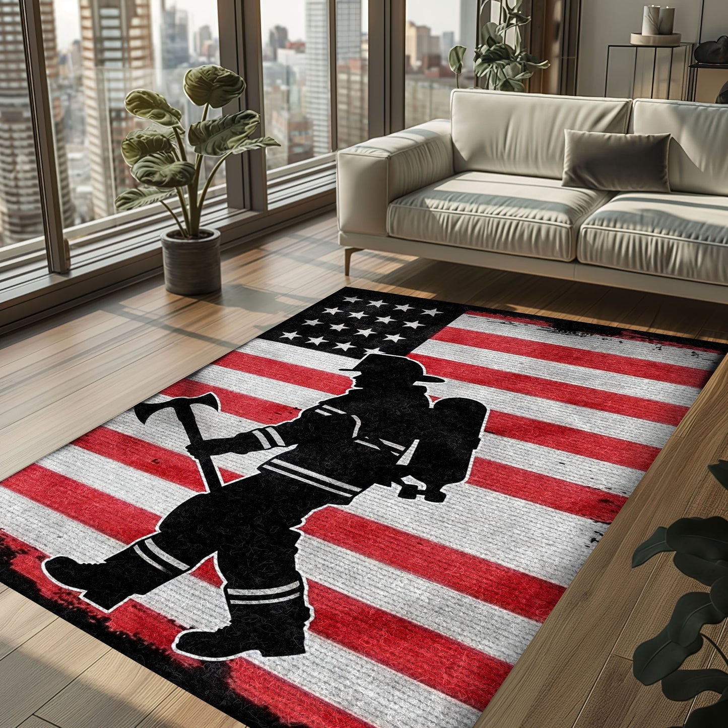 Patriotism Perseveres: Firefighter Rectangular Rug for Living Room Bedroom with Personalization Option, Firefighter Rugs for Living Room Bedroom, Firefighter Rectangular Rugs Full Size FR179