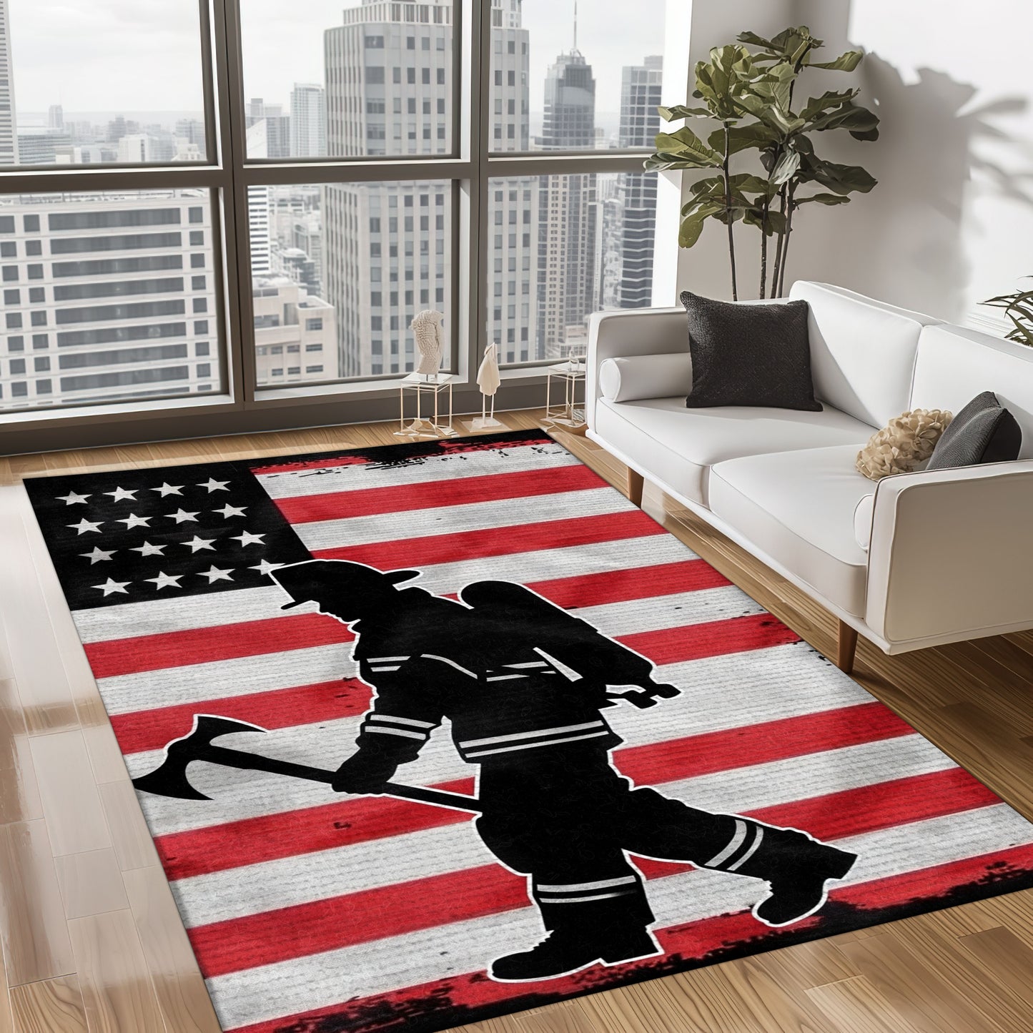 Patriotism Perseveres: Firefighter Rectangular Rug for Living Room Bedroom with Personalization Option, Firefighter Rugs for Living Room Bedroom, Firefighter Rectangular Rugs Full Size FR179