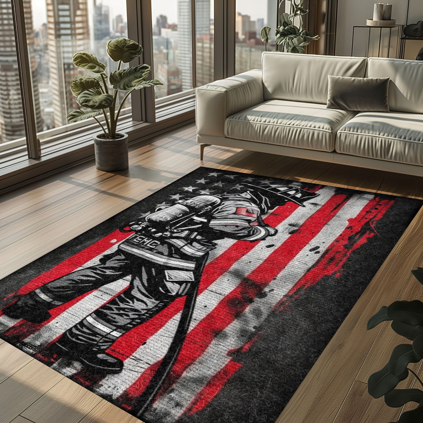 Salute to Bravery: Personalized American Flag Firefighter Area Rug, Firefighter Rugs for Living Room Bedroom, Firefighter Rectangular Rugs Full Size FR166