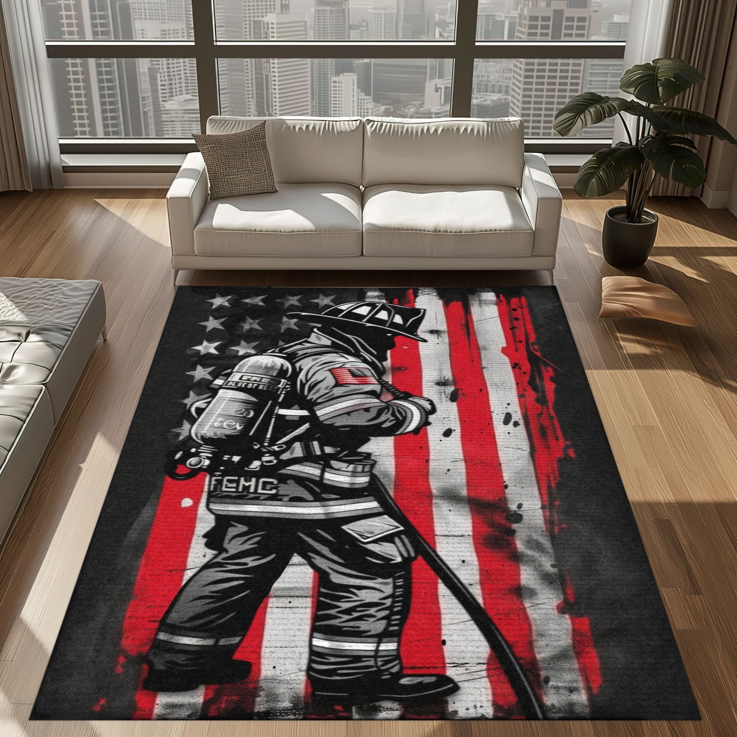 Salute to Bravery: Personalized American Flag Firefighter Area Rug, Firefighter Rugs for Living Room Bedroom, Firefighter Rectangular Rugs Full Size FR166