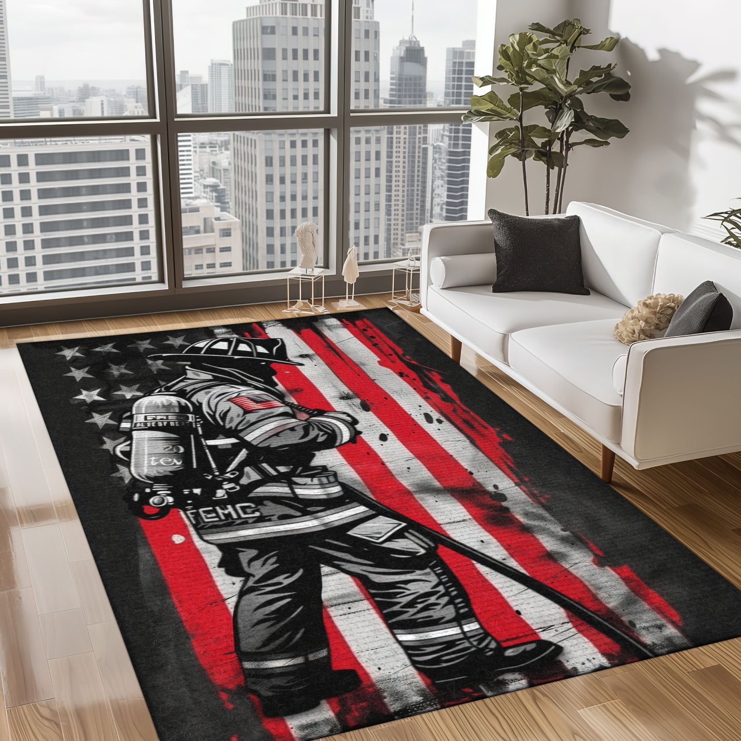 Salute to Bravery: Personalized American Flag Firefighter Area Rug, Firefighter Rugs for Living Room Bedroom, Firefighter Rectangular Rugs Full Size FR166
