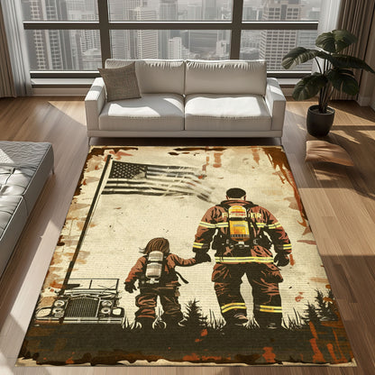Bold Fire Truck in Front of the USA Flag Area Rug: Show Support for First Responders and Nation, Firefighter Rugs for Living Room Bedroom, Firefighter Rectangular Rugs Full Size FR60
