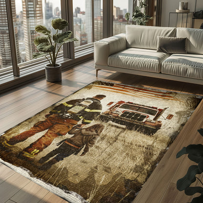 Bold Fire Truck in Front of the USA Flag Area Rug: Show Support for First Responders and Nation, Firefighter Rugs for Living Room Bedroom, Firefighter Rectangular Rugs Full Size FR60