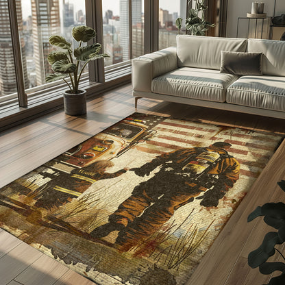 Bold Fire Truck in Front of the USA Flag Area Rug: Show Support for First Responders and Nation, Firefighter Rugs for Living Room Bedroom, Firefighter Rectangular Rugs Full Size FR60