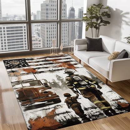 Bold Fire Truck in Front of the USA Flag Area Rug: Show Support for First Responders and Nation, Firefighter Rugs for Living Room Bedroom, Firefighter Rectangular Rugs Full Size FR60