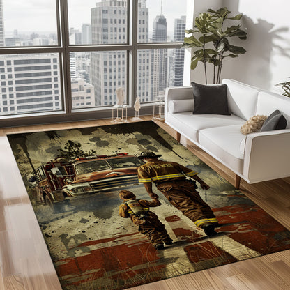 Celebrating Bravery: Dad Fire Fighter and Son Firefighter Personalized Area Floorings, Firefighter Rugs for Living Room Bedroom, Firefighter Rectangular Rugs Full Size FR100