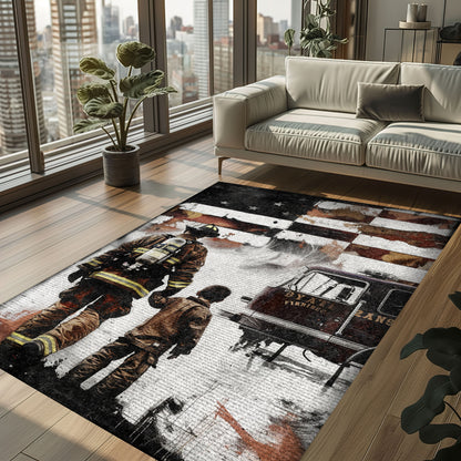 Bold Fire Truck in Front of the USA Flag Area Rug: Show Support for First Responders and Nation, Firefighter Rugs for Living Room Bedroom, Firefighter Rectangular Rugs Full Size FR60
