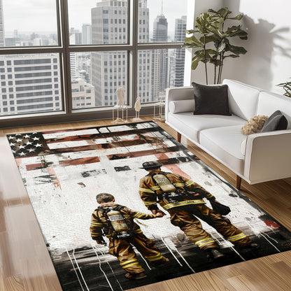 Bold Fire Truck in Front of the USA Flag Area Rug: Show Support for First Responders and Nation, Firefighter Rugs for Living Room Bedroom, Firefighter Rectangular Rugs Full Size FR60