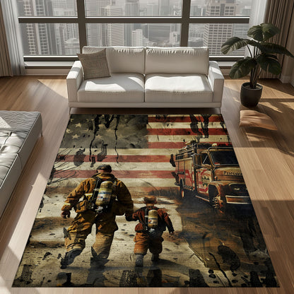 Saluting Sacrifice: Dad Fire Fighter and Son Firefighter Personalized Living Room Rugs, Firefighter Rugs for Living Room Bedroom, Firefighter Rectangular Rugs Full Size FR91