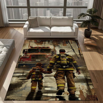 Commemorative Touch: Dad Fire Fighter and Son Firefighter Inspired Personalized Rugs, Firefighter Rugs for Living Room Bedroom, Firefighter Rectangular Rugs Full Size FR89