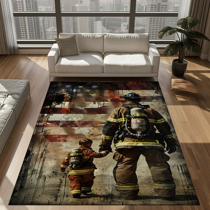 Family Legacy: Dad Fire Fighter and Son Firefighter Personalized Rug Ensemble, Firefighter Rugs for Living Room Bedroom, Firefighter Rectangular Rugs Full Size FR85