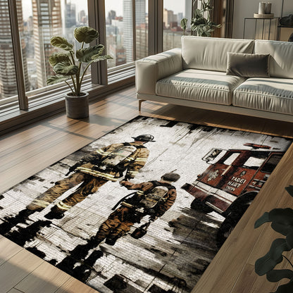 Courageous Dad Firefighter and Son Custom Rectangular Rug: Honor Generations of Bravery, Firefighter Rugs for Living Room Bedroom, Firefighter Rectangular Rugs Full Size FR77