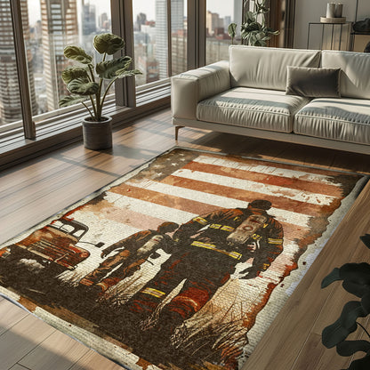 Heroic Dad Firefighter and Son Custom Carpet: Celebrate Family and Sacrifice, Firefighter Rugs for Living Room Bedroom, Firefighter Rectangular Rugs Full Size FR75