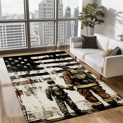 Bold Fire Truck in Front of the USA Flag Area Rug: Show Support for First Responders and Nation, Firefighter Rugs for Living Room Bedroom, Firefighter Rectangular Rugs Full Size FR60