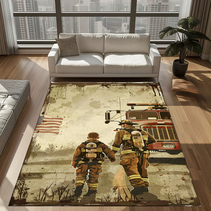 Bold Fire Truck in Front of the USA Flag Area Rug: Show Support for First Responders and Nation, Firefighter Rugs for Living Room Bedroom, Firefighter Rectangular Rugs Full Size FR60