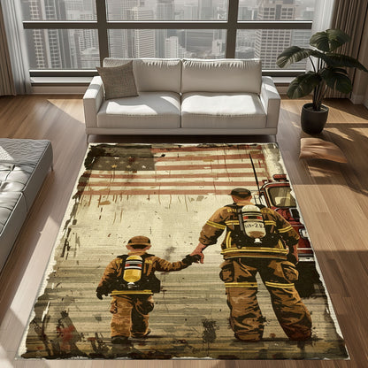 Bold Fire Truck in Front of the USA Flag Area Rug: Show Support for First Responders and Nation, Firefighter Rugs for Living Room Bedroom, Firefighter Rectangular Rugs Full Size FR60