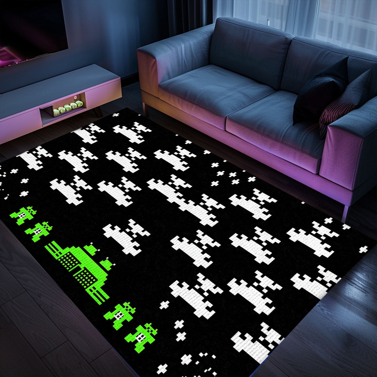 Upgrade Your Room with Dark and Neon 80s Arcade Carpet, a Tribute to the Classic Space Invaders Game, Arcade Decor, Gift for Gamers, Video Game Lovers G176