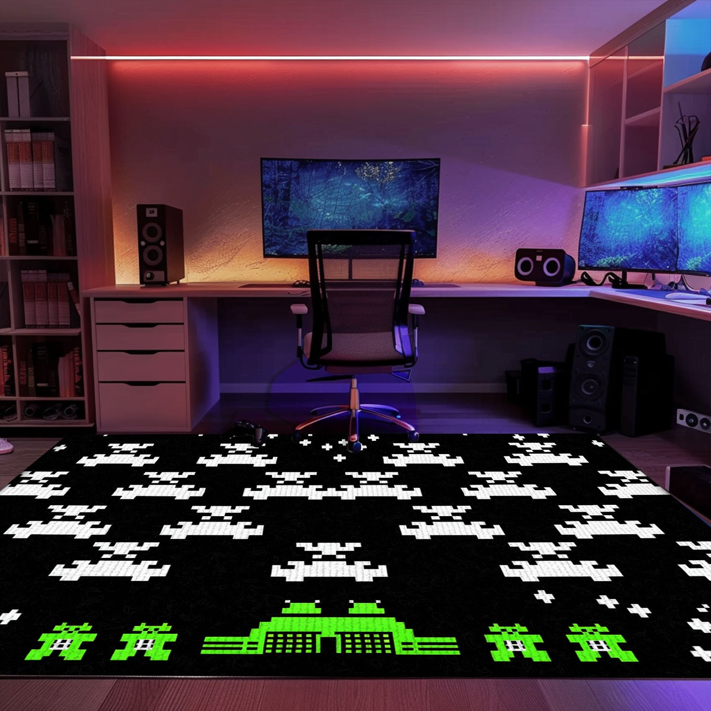 Upgrade Your Room with Dark and Neon 80s Arcade Carpet, a Tribute to the Classic Space Invaders Game, Arcade Decor, Gift for Gamers, Video Game Lovers G176