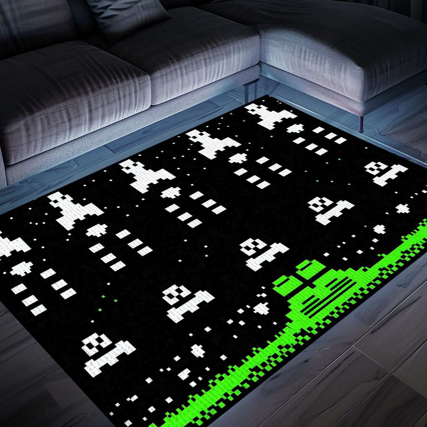 Add a Retro Flair to Your Space with Dark and Neon 80s Arcade Carpet, Reminiscent of Space Invaders Era, Arcade Decor, Gift for Gamers, Video Game Lovers G175