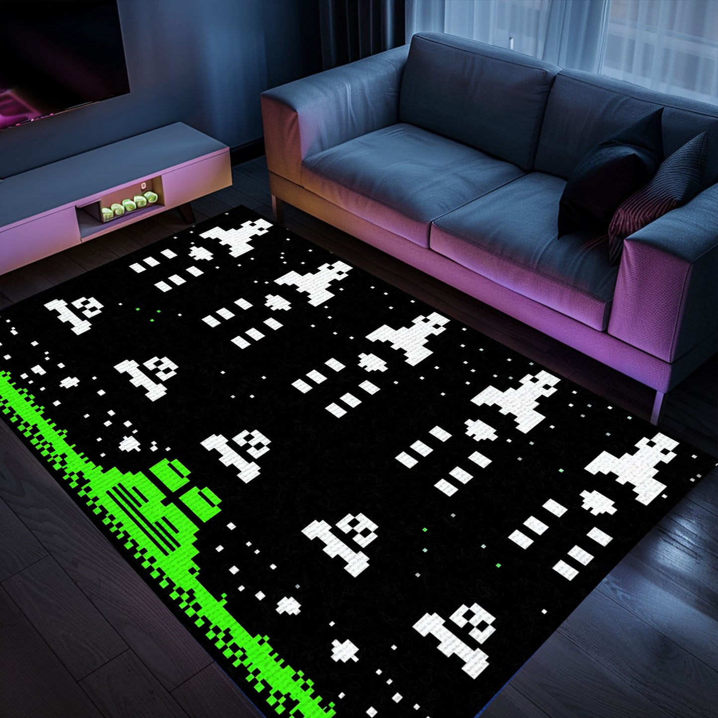 Add a Retro Flair to Your Space with Dark and Neon 80s Arcade Carpet, Reminiscent of Space Invaders Era, Arcade Decor, Gift for Gamers, Video Game Lovers G175