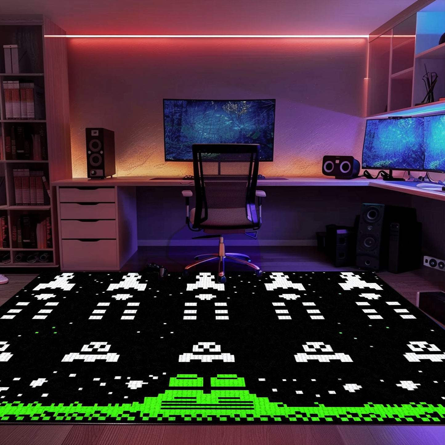 Add a Retro Flair to Your Space with Dark and Neon 80s Arcade Carpet, Reminiscent of Space Invaders Era, Arcade Decor, Gift for Gamers, Video Game Lovers G175