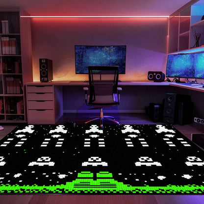 Add a Retro Flair to Your Space with Dark and Neon 80s Arcade Carpet, Reminiscent of Space Invaders Era, Arcade Decor, Gift for Gamers, Video Game Lovers G175