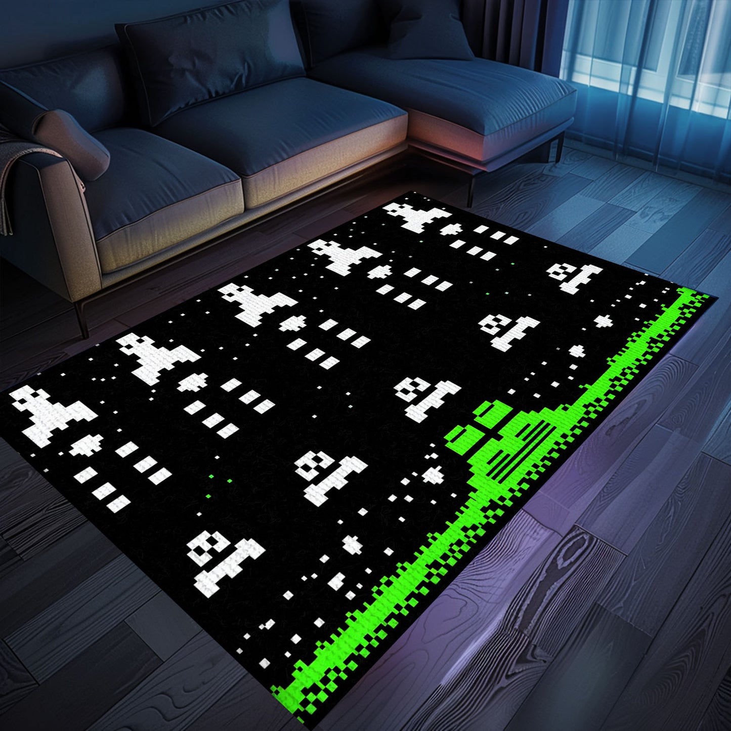Add a Retro Flair to Your Space with Dark and Neon 80s Arcade Carpet, Reminiscent of Space Invaders Era, Arcade Decor, Gift for Gamers, Video Game Lovers G175