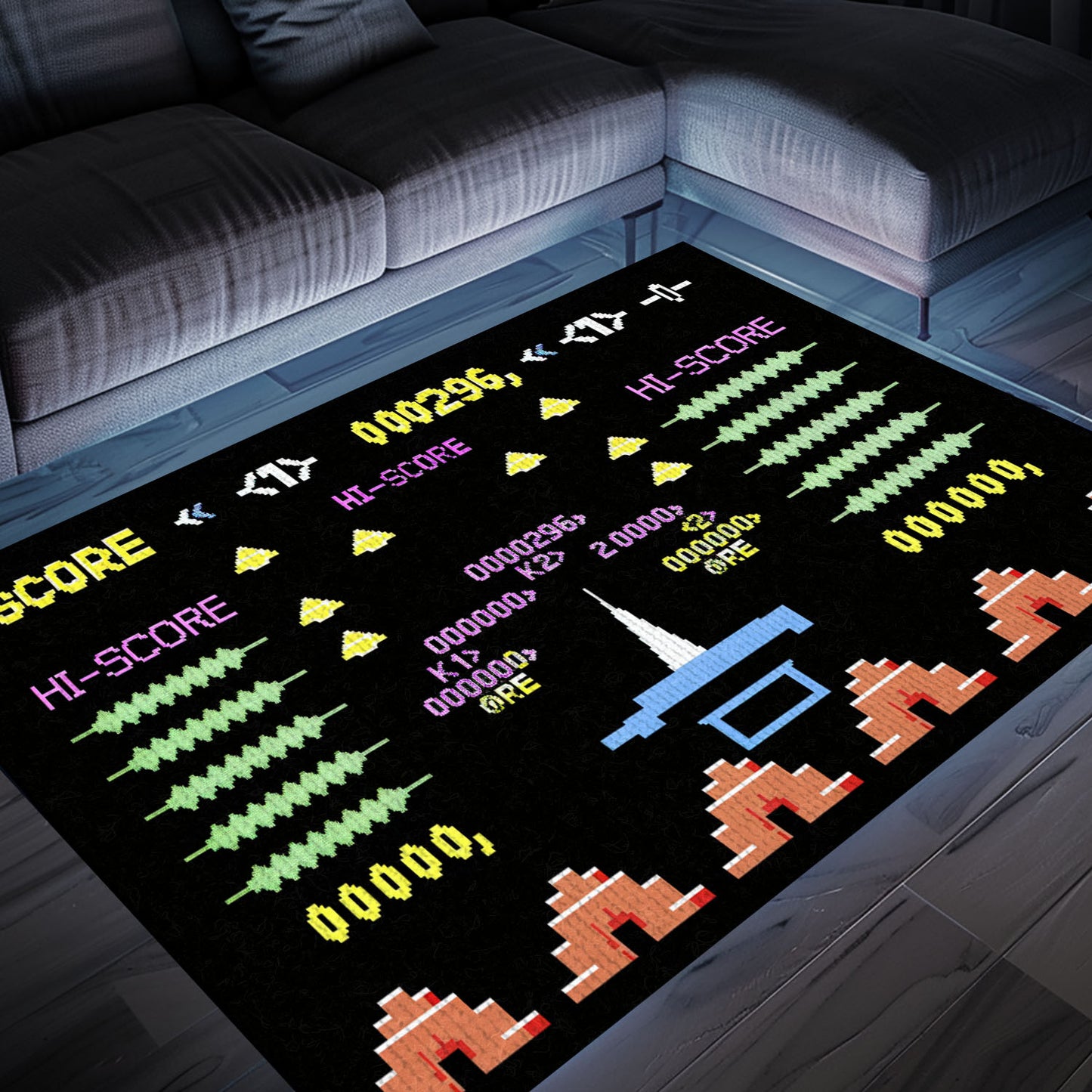 A Unique Gift for Gamers: Dark and Neon 80s Arcade Carpet Featuring Space Invaders Theme, Arcade Decor, Gift for Gamers, Video Game Lovers G163