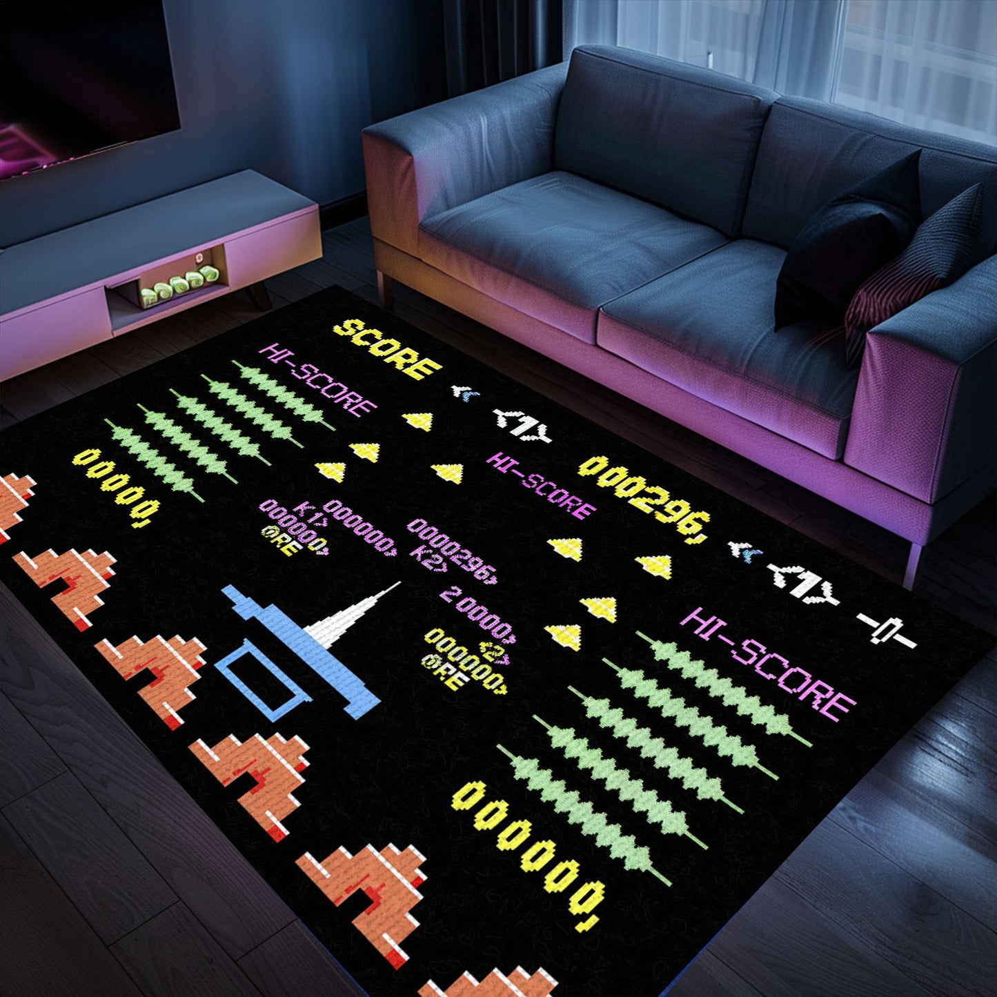 A Unique Gift for Gamers: Dark and Neon 80s Arcade Carpet Featuring Space Invaders Theme, Arcade Decor, Gift for Gamers, Video Game Lovers G163