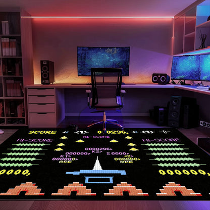 A Unique Gift for Gamers: Dark and Neon 80s Arcade Carpet Featuring Space Invaders Theme, Arcade Decor, Gift for Gamers, Video Game Lovers G163