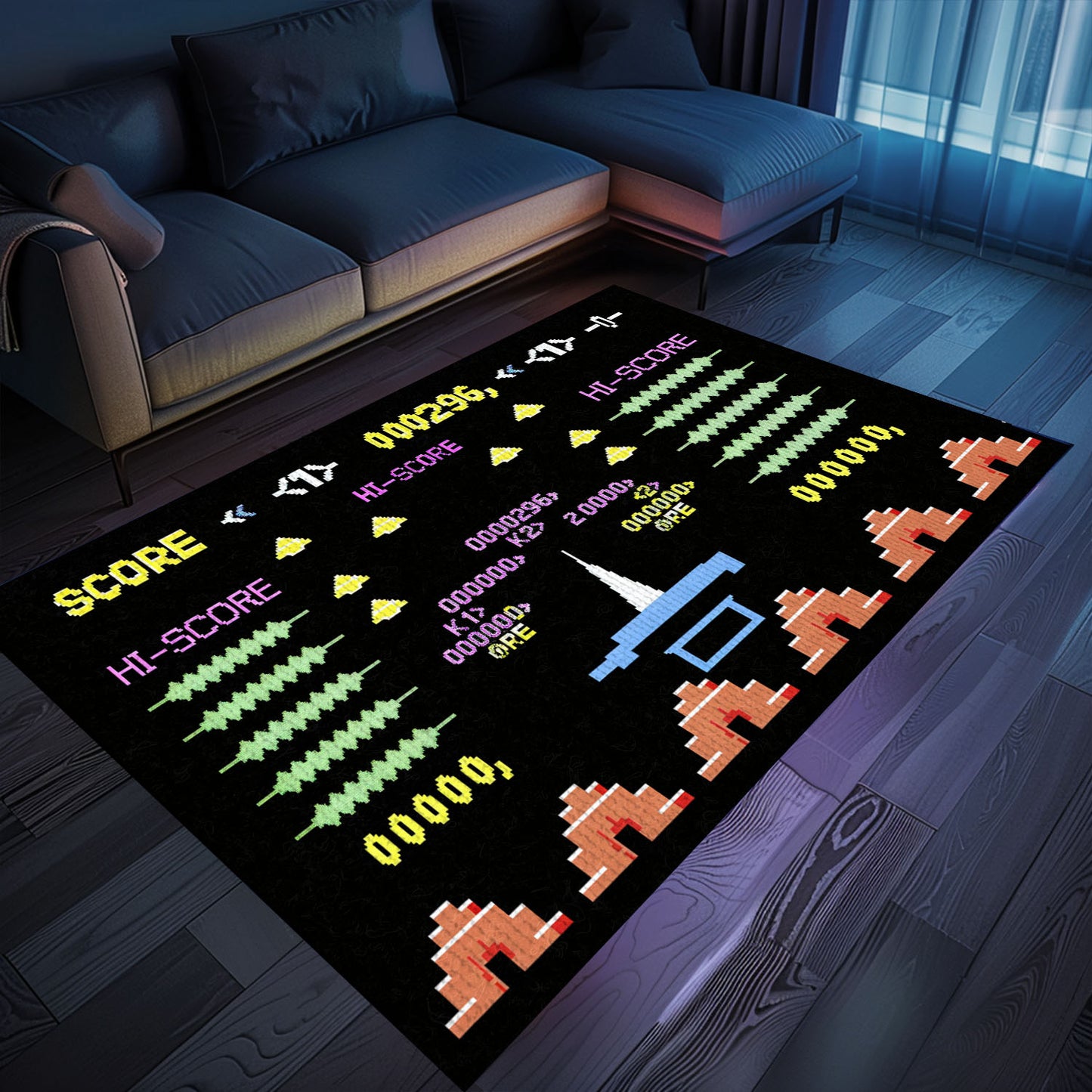 A Unique Gift for Gamers: Dark and Neon 80s Arcade Carpet Featuring Space Invaders Theme, Arcade Decor, Gift for Gamers, Video Game Lovers G163