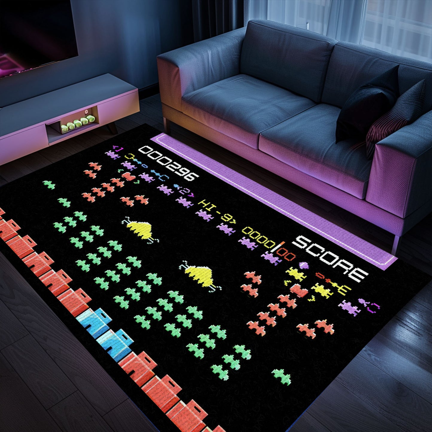 Add a Touch of Retro Gaming Charm with Dark and Neon 80s Arcade Carpet, Paying Homage to Space Invaders, Arcade Decor, Gift for Gamers, Video Game Lovers G169