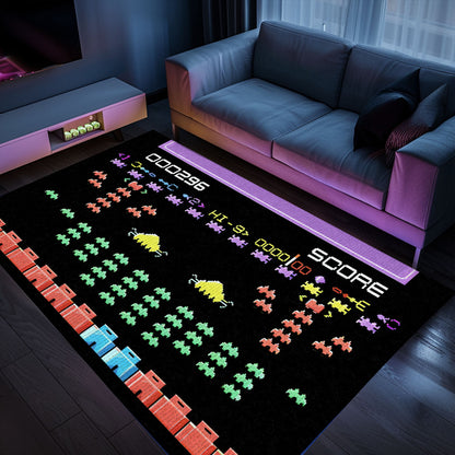 Add a Touch of Retro Gaming Charm with Dark and Neon 80s Arcade Carpet, Paying Homage to Space Invaders, Arcade Decor, Gift for Gamers, Video Game Lovers G169