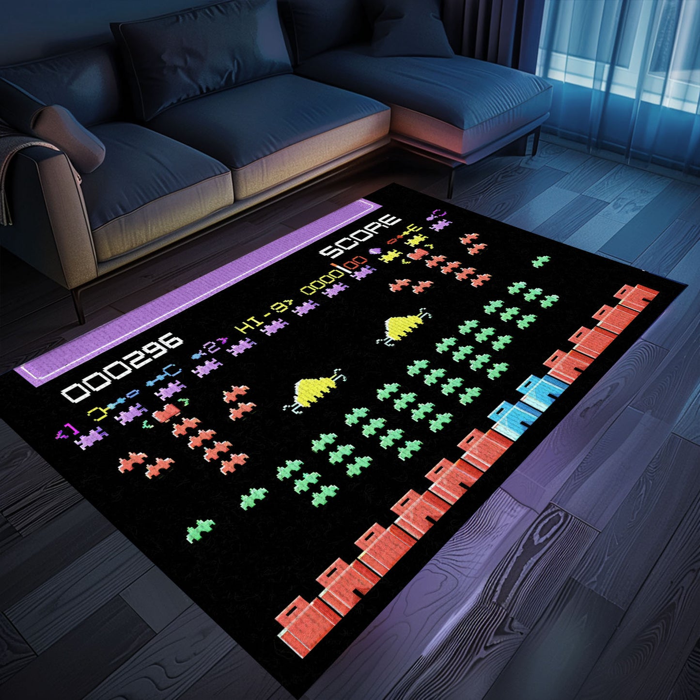 Add a Touch of Retro Gaming Charm with Dark and Neon 80s Arcade Carpet, Paying Homage to Space Invaders, Arcade Decor, Gift for Gamers, Video Game Lovers G169