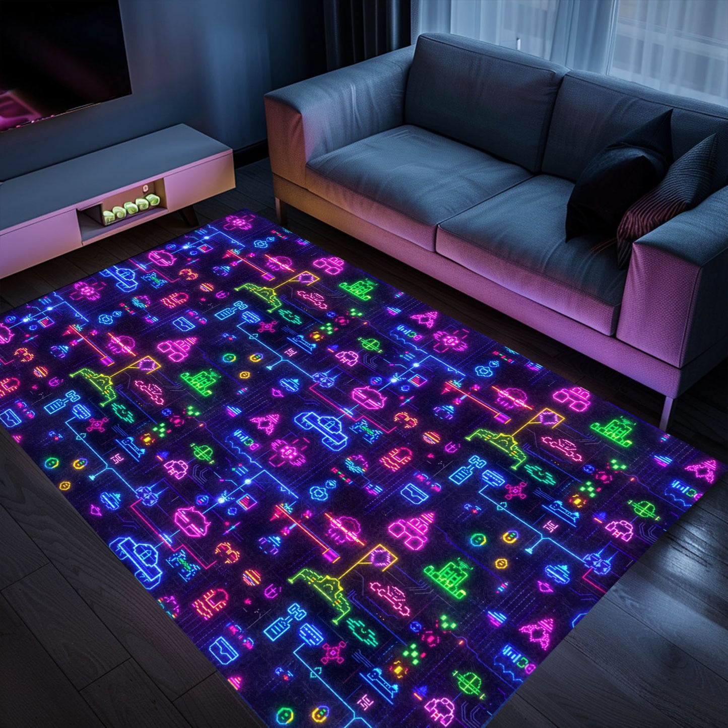 Add a Touch of Nostalgia to Your Living Space with Dark and Neon 80s Arcade NES Game 8bit Rugs, Arcade Decor, Gift for Gamers, Video Game Lovers G345