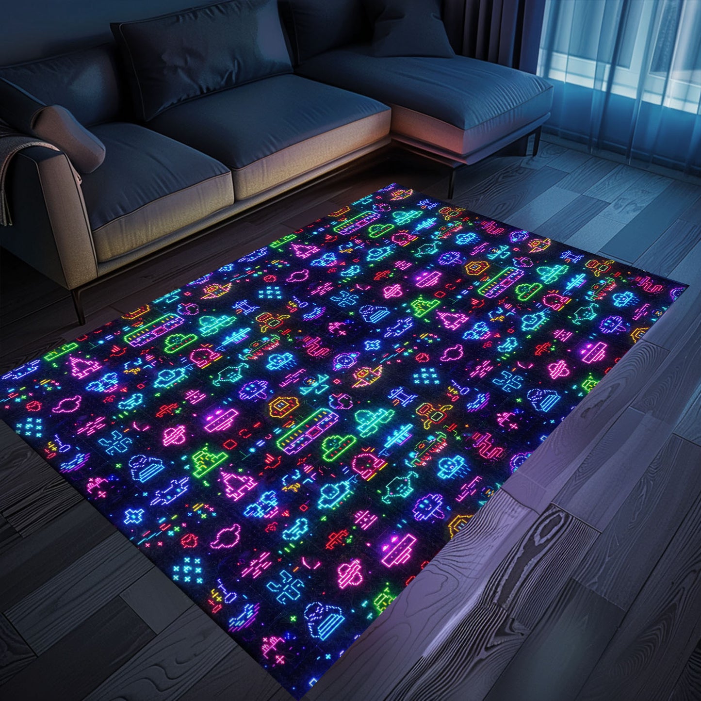 Add a Touch of Retro Flair to Your Home with Dark and Neon 80s Arcade NES Game 8bit Rugs, Arcade Decor, Gift for Gamers, Video Game Lovers G339