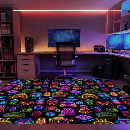 Transform Your Bedroom into a Gaming Haven with Dark and Neon 80s Arcade NES Game 8bit Area Rug, Arcade Decor, Gift for Gamers, Video Game Lovers G323