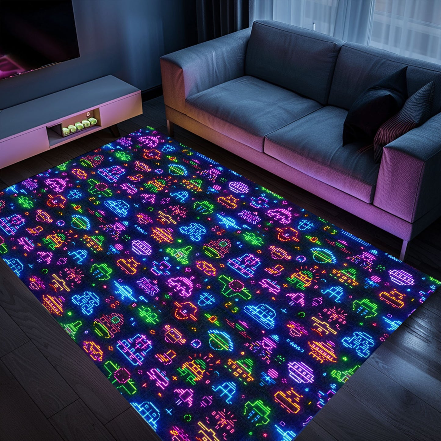 Add a Pop of Retro Charm to Your Home with Dark and Neon 80s Arcade NES Game 8bit Area Rug, Arcade Decor, Gift for Gamers, Video Game Lovers G327