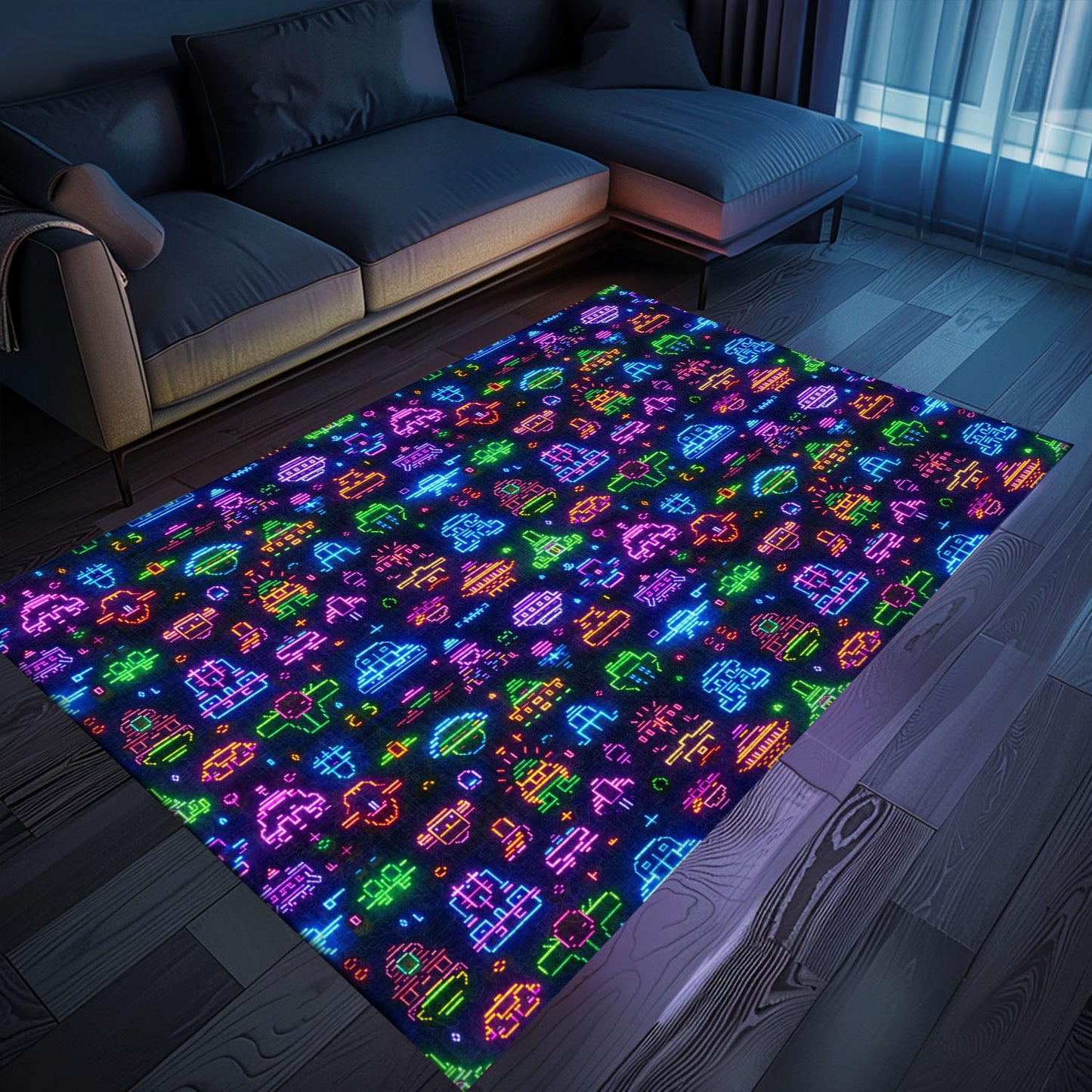 Add a Pop of Retro Charm to Your Home with Dark and Neon 80s Arcade NES Game 8bit Area Rug, Arcade Decor, Gift for Gamers, Video Game Lovers G327