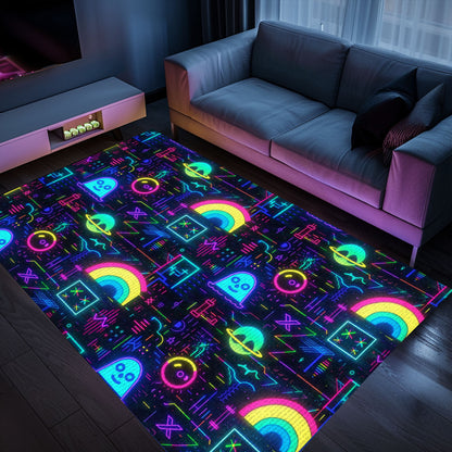 Add a Touch of Nostalgia to Your Living Room with Dark and Neon 80s Arcade NES Game 8bit Area Rug, Arcade Decor, Gift for Gamers, Video Game Lovers G306