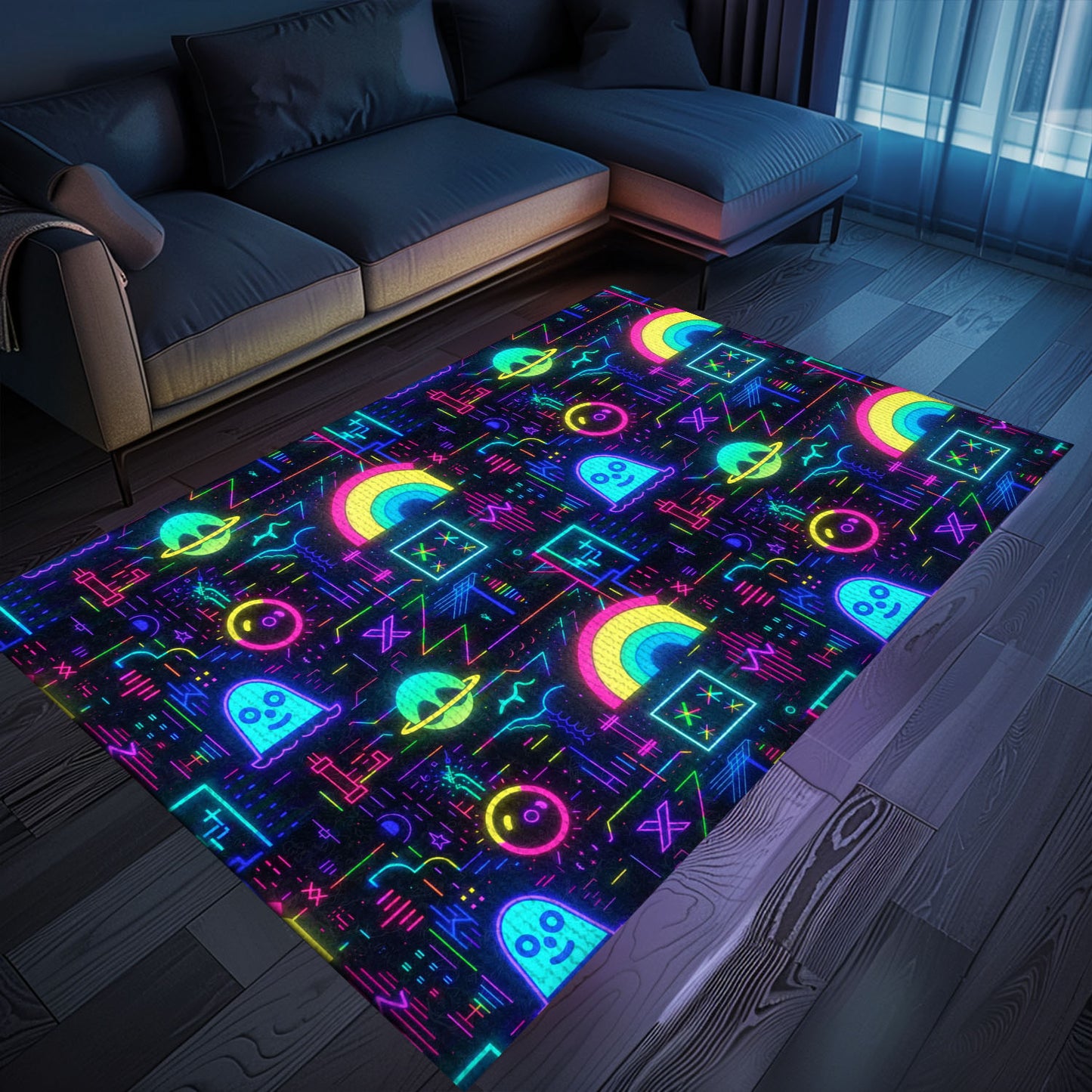 Add a Touch of Nostalgia to Your Living Room with Dark and Neon 80s Arcade NES Game 8bit Area Rug, Arcade Decor, Gift for Gamers, Video Game Lovers G306