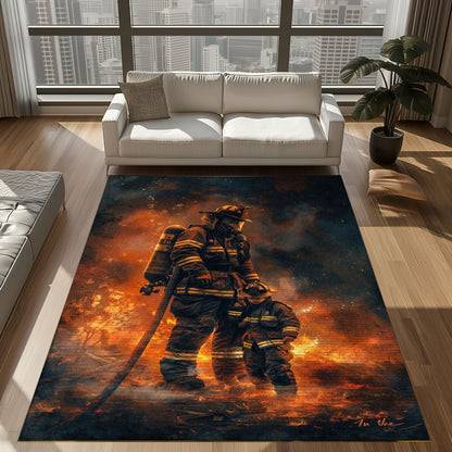 Courageous Legacy: Personalized Father and Son Fire Fighter Rug, Firefighter Rugs for Living Room Bedroom, Firefighter Rectangular Rugs Full Size FR146