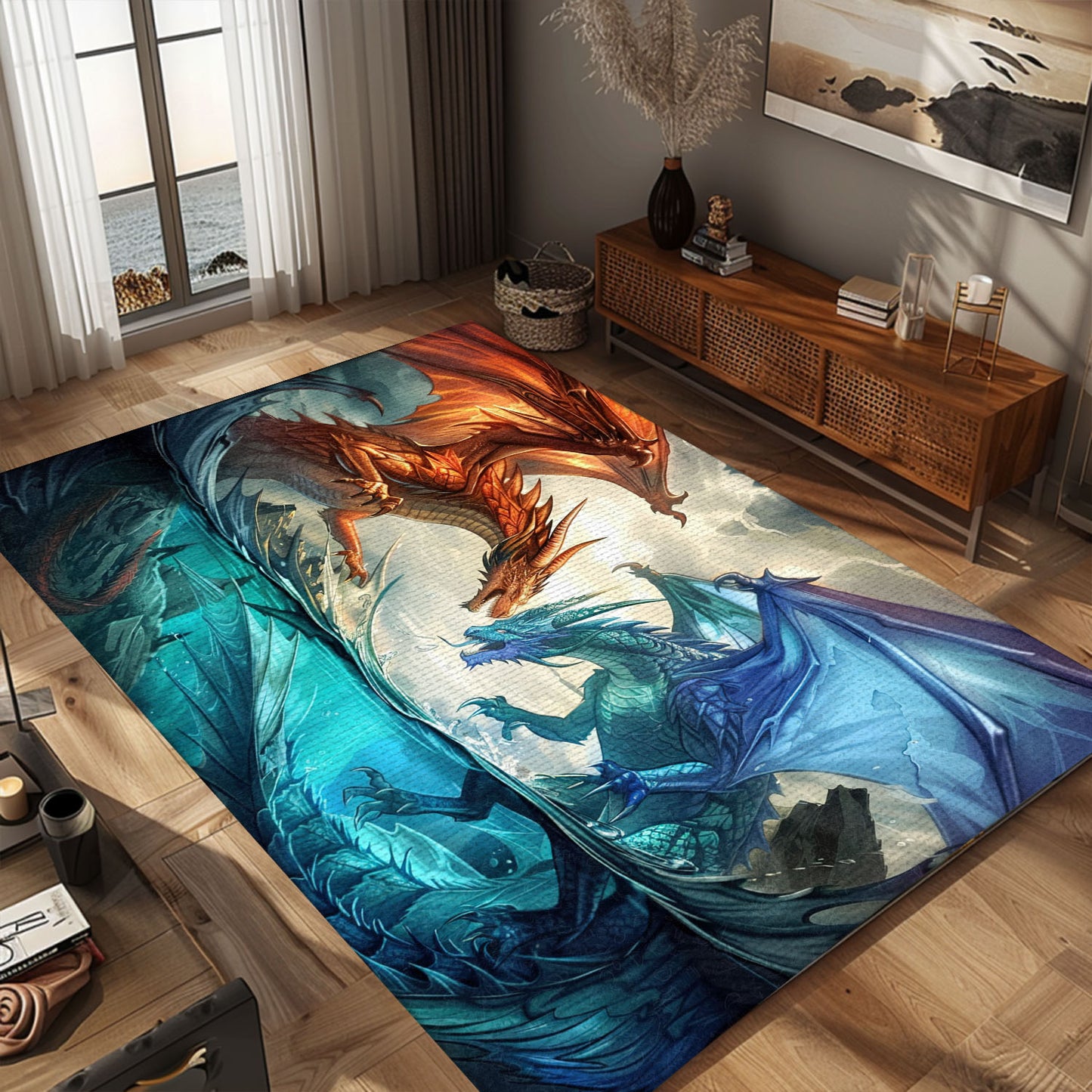 Fire and Ice Dragons Area Rug, Perfect for Creating a Balanced and Intriguing Design in Your Living Area, Gift For Dragon Lovers, Personalized Dragon Rug for Living Room, Bedroom DG87