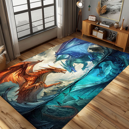 Fire and Ice Dragons Area Rug, Perfect for Creating a Balanced and Intriguing Design in Your Living Area, Gift For Dragon Lovers, Personalized Dragon Rug for Living Room, Bedroom DG87