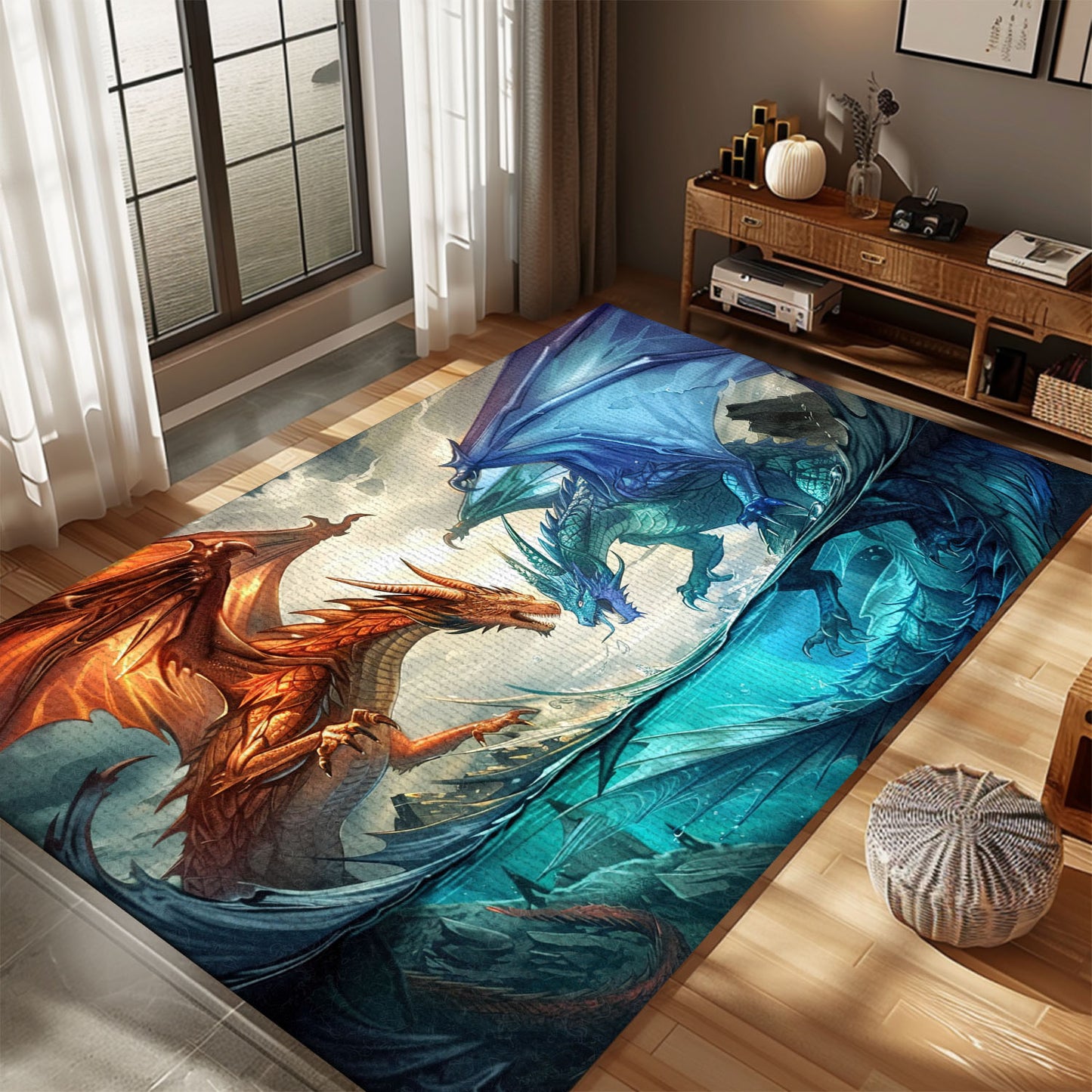 Fire and Ice Dragons Area Rug, Perfect for Creating a Balanced and Intriguing Design in Your Living Area, Gift For Dragon Lovers, Personalized Dragon Rug for Living Room, Bedroom DG87