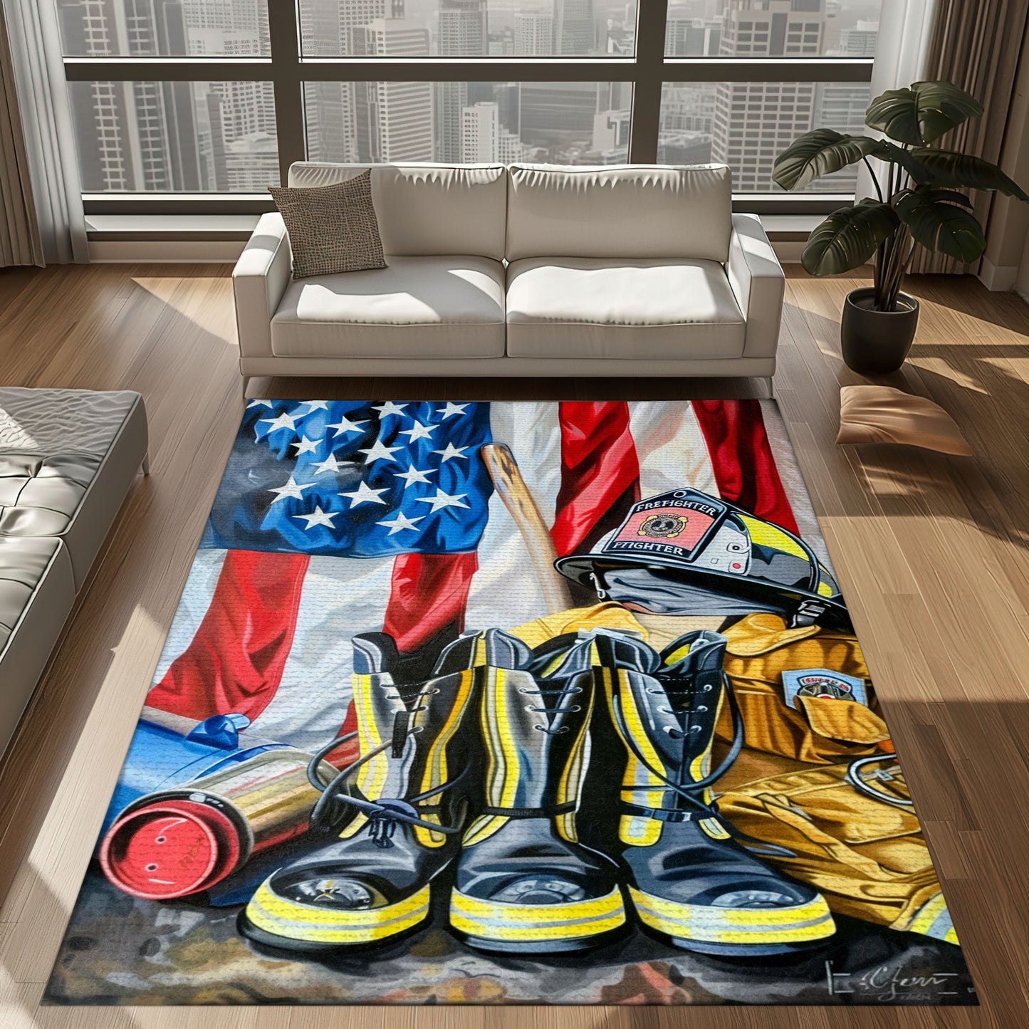 Bold Fire Truck in Front of the USA Flag Area Rug: Show Support for First Responders and Nation, Firefighter Rugs for Living Room Bedroom, Firefighter Rectangular Rugs Full Size FR60