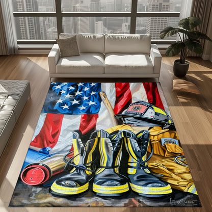 Bold Fire Truck in Front of the USA Flag Area Rug: Show Support for First Responders and Nation, Firefighter Rugs for Living Room Bedroom, Firefighter Rectangular Rugs Full Size FR60