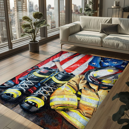 Bold Fire Truck in Front of the USA Flag Area Rug: Show Support for First Responders and Nation, Firefighter Rugs for Living Room Bedroom, Firefighter Rectangular Rugs Full Size FR60